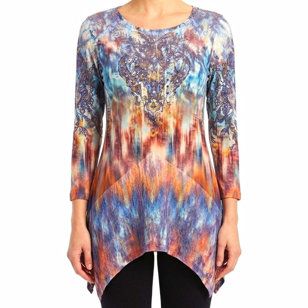 One World Womens Tunic Top S Multicolor Abstract Studded 3/4 Sleeve Scoop Neck